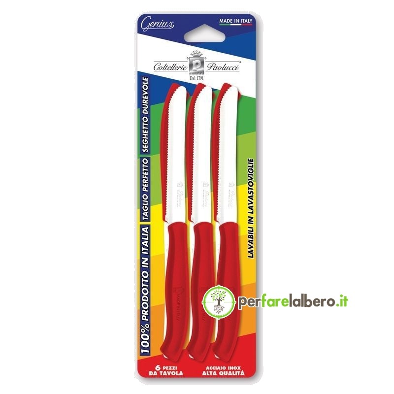 Set 6 coltelli da tavola lame seghettate in acciaio inox manico rosso