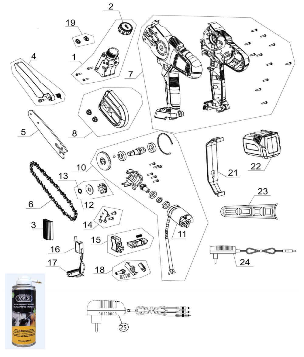 esploso ricambi  Potatore a batteria al litio KVS5500 Volpi 